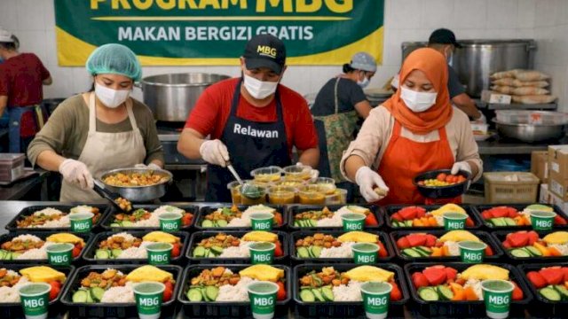 Ilustrasi : Penyajian makanan segar dalam paket program MBG di dapur umum, Kepala BGN pastikan program MBG tetap berlanjut pasca Idulfitri bahkan di perluas ||qwenAI_harian.news 