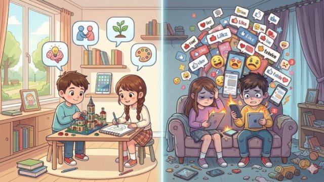 Dilema media sosial bagi anak : antara kreativitas  dan ancaman mental ||ilustrasi_nanobanana2@harian.news 