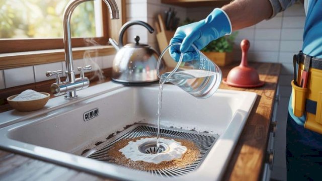 Membersihkan saringan wastafel dengan baking soda dan cuka ||ilustrasi_hoffnerdenise @pinterest