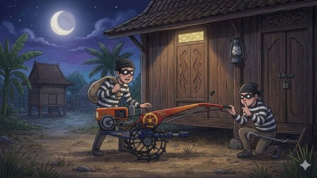 Kasus pencurian mesin traktor di Patimpeng, Bone mandek. Warga tuduh ada main mata oknum polisi (ilustrasi_nanobanana@harian.news)