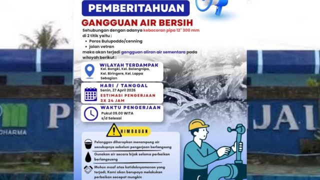 Perumda Tirta Sinjai umumkan gangguan air bersih 27-30 April 2026 akibat kebocoran pipa. Wilayah Bongki, Balangnipa, Biringere, Lappa terdampak (doc_perumdatirtasinjai) 