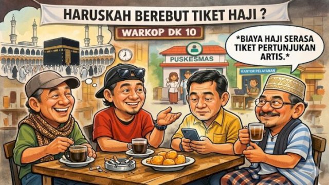 Ngopi bareng warkop DK10 bahas  War Tiket Haji, antara jalur cepat mahal dan antrean panjang, mana lebih bijak? (ilustrasinanobanana@harian.news)