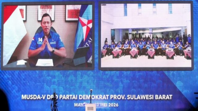 Ketua Umum DPP Partai Demokrat, Agus Harimurti Yudhoyono (AHY), memberikan arahan strategis melalui telekonferensi dalam Musda V Partai Demokrat Provinsi Sulawesi Barat, Sabtu (23/5/2026). (tangkaplayar_IG@agusyudhoyono) 