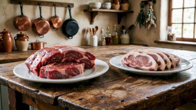 Daging sapi (kiri) vs daging kambing (kanan). Mana yang lebih sehat? (qwenAI@harian.news) 