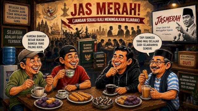 Ngopi Bareng  bahas pentingnya belajar sejarah agar bangsa tak mengulangi masa kelam yang sama. (midjourneyAI@harian.news)