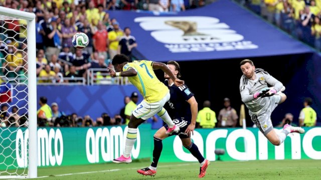 Vinicius Junior mencetak gol kedua Brasil ke gawang Skotlandia pada laga Piala Dunia 2026 di Miami Stadium ||(foto_X@tiempofueraxala)