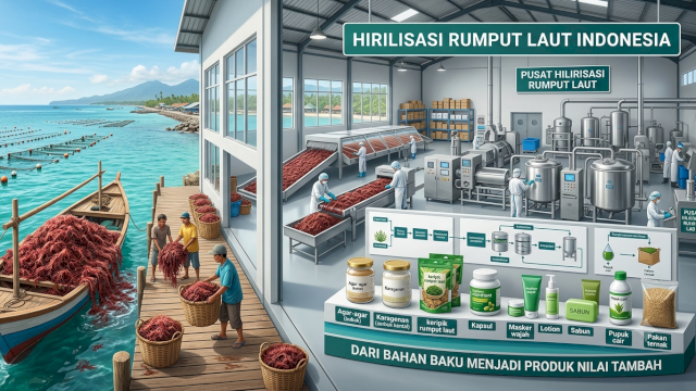 Ilustrasi hilirisasi rumput laut. (Dok. AI Gemini-Gita/HN)
