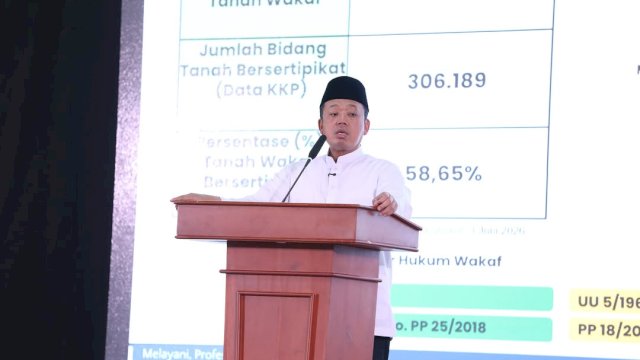 Menteri ATR/BPN Nusron Wahid saat mengimbau masyarakat segera menyertipikatkan tanah wakaf di ICOP 2026, Jakarta, Sabtu (6/6/2026). (tangkaplayar_IG@ nusronwahid) 