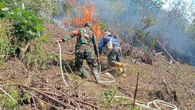 Personel Kodim 1419/Enrekang bersama warga berupaya memadamkan titik api di kawasan dengan akses jalan dan sumber air yang terbatas ||(handover_harian.news) 