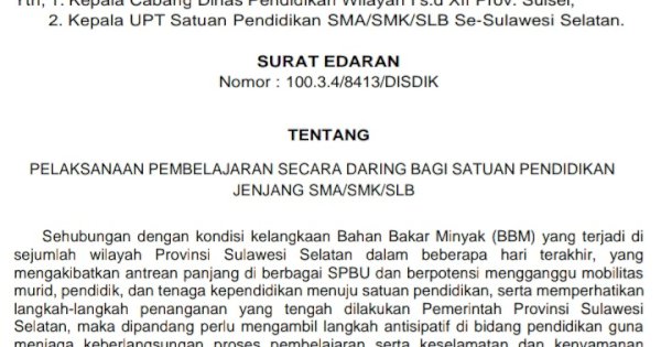 Dampak Antrean BBM di Sulsel, Pemprov-Pemkot Berlakukan Pembelajaran Daring