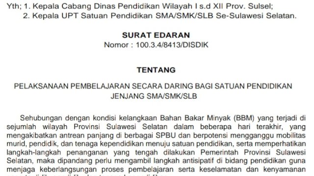Surat Edaran pembelajaran daring. Dok Tangkapan layar