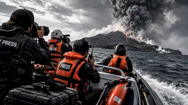 Ilustrasi keselamatan jurnalis saat meliput bencana, dengan kamera, pelampung, alat komunikasi, dan kondisi laut di sekitar gunung api ||(ilustrasi_AI@harian.news) 